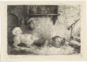 Gravure avec deux chiens